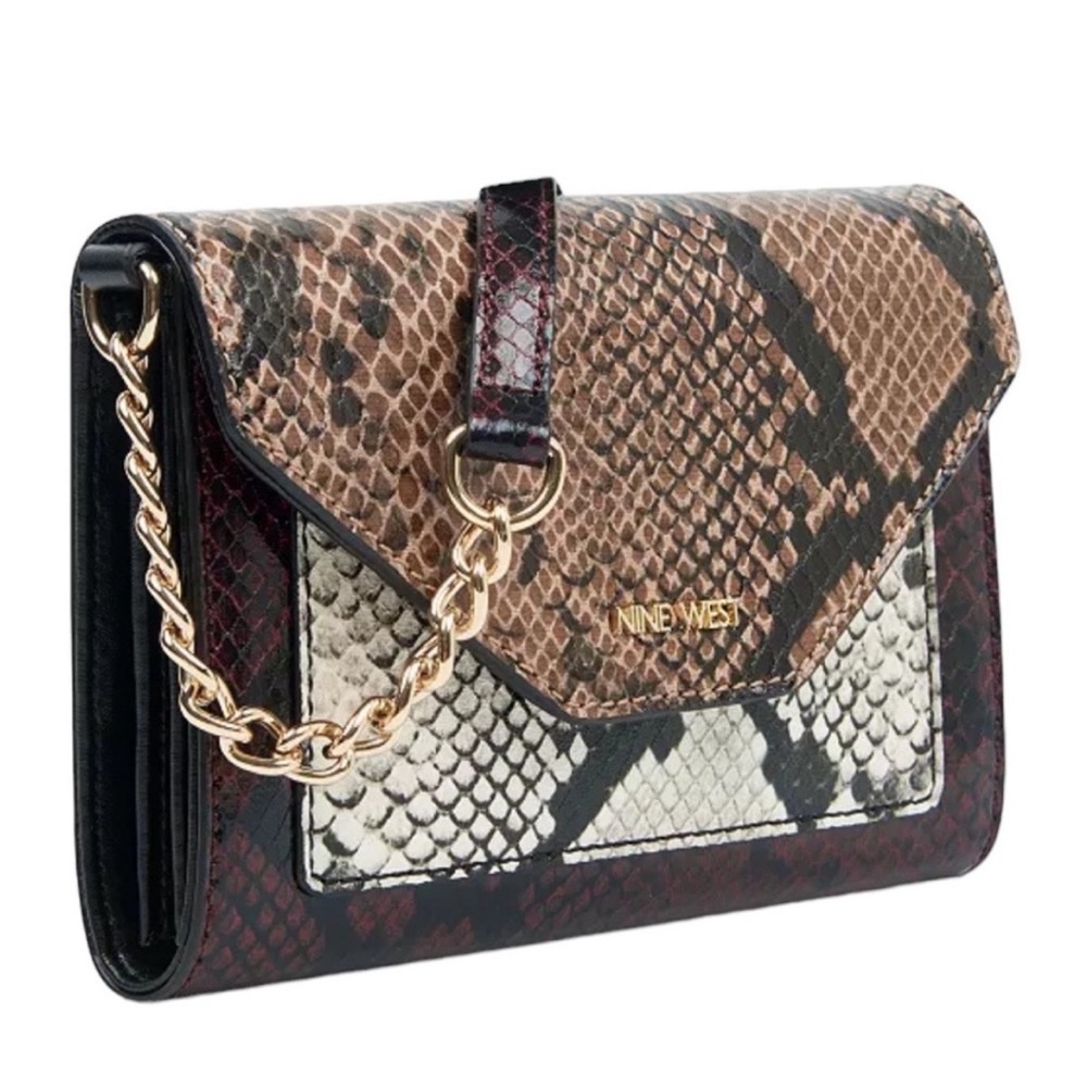 •NWOT NINE WEST Aleksei Crossbody 
Mini Python Embossed Faux Leather Brass Brown